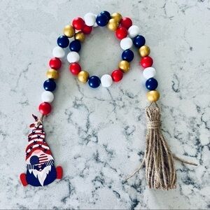 Patriotic Gnome Wood Bead Garland Heart Red White and Blue